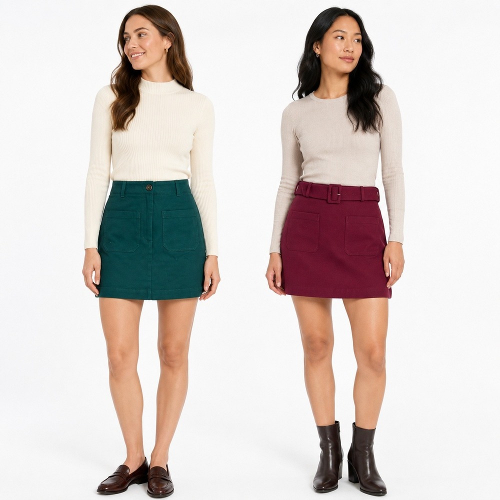 Green Burgundy Mini Skirt Bundle 00 Belted Patch Pocket Preppy Academia Fall
